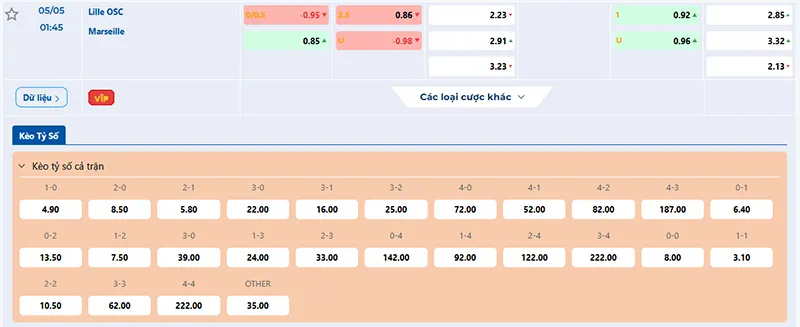Thông tin tỷ lệ kèo Lille vs Marseille 01h45 ngày 05/5/2025