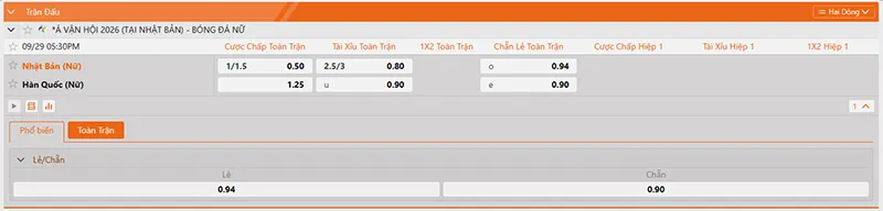 Thông tin tỷ lệ kèo nữ Nhật Bản vs nữ Hàn Quốc 17h30 ngày 29/9/2026